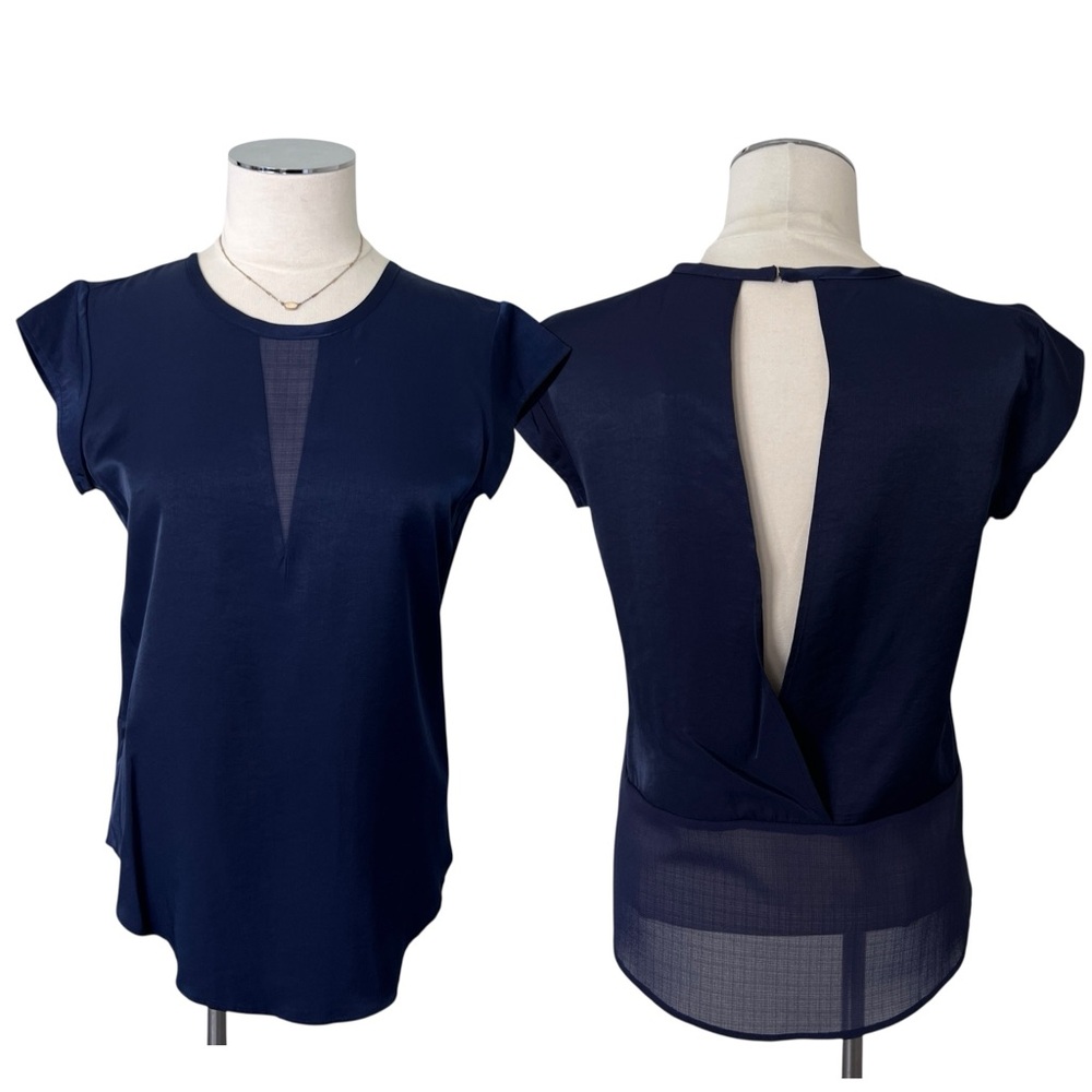 New RO&DE Lace Cut-Out Front Open Cross Back Blouse Top Dark Navy Blue Sz XS